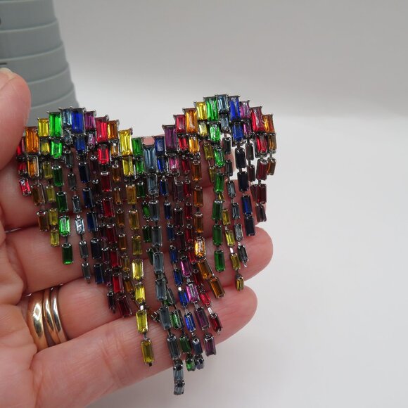 Heart Shaped Rainbow-Colored Baguette Rhinestone Brooch Pin - Picture 8 of 12